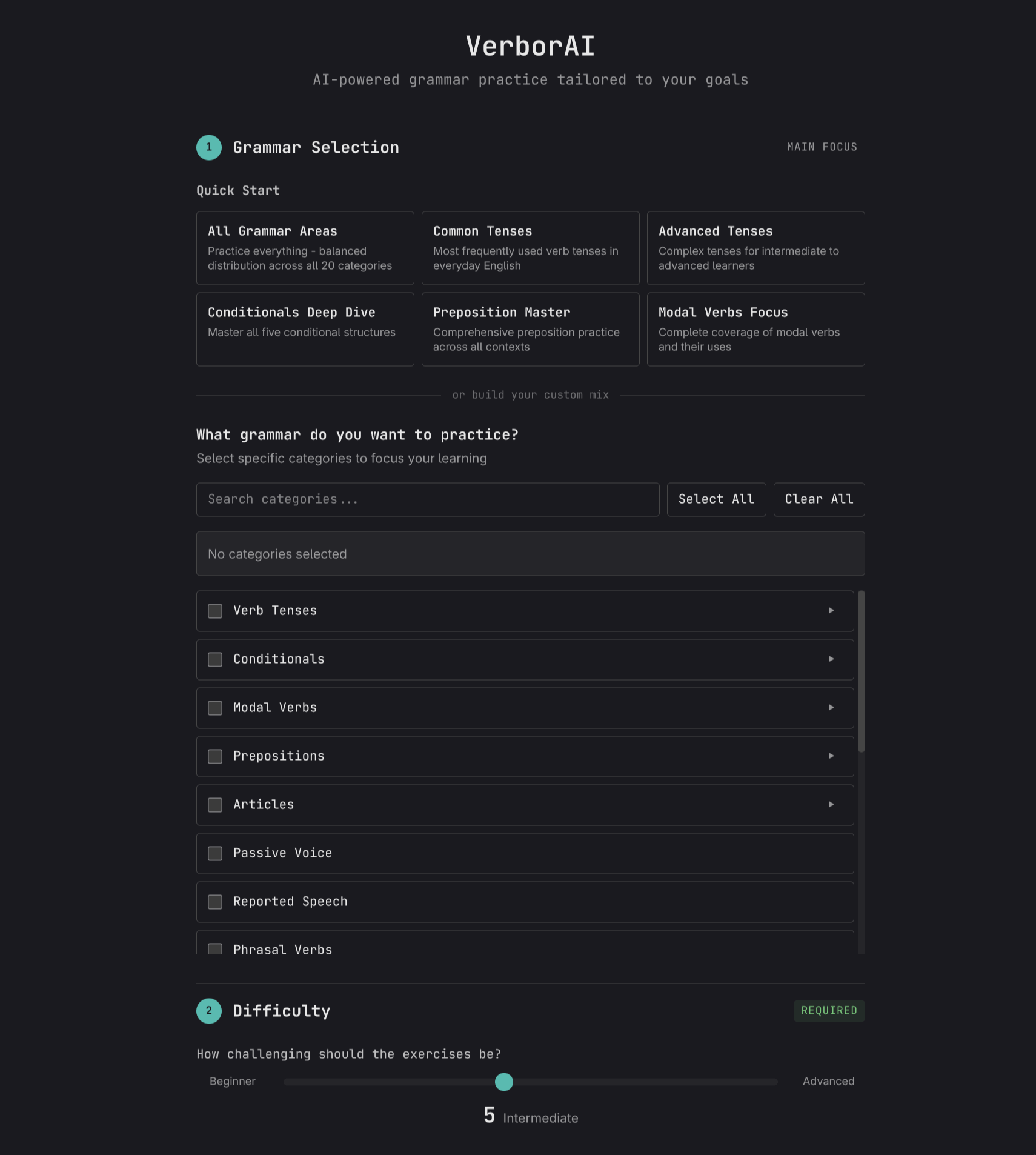 Onboarding interface showing grammar category selection and difficulty slider