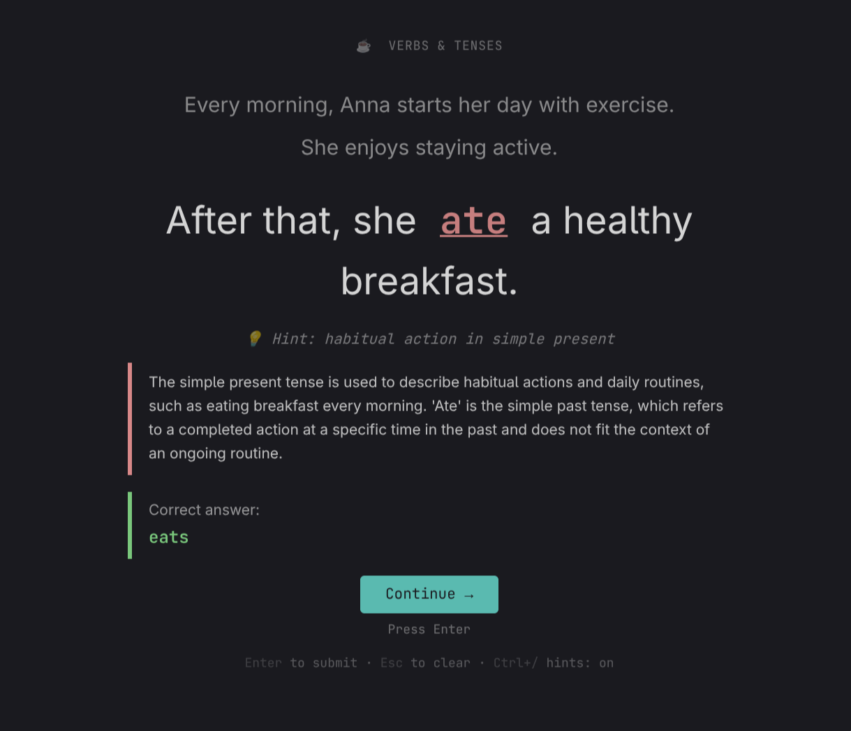 Exercise interface with fill-in-the-blank sentence and input field