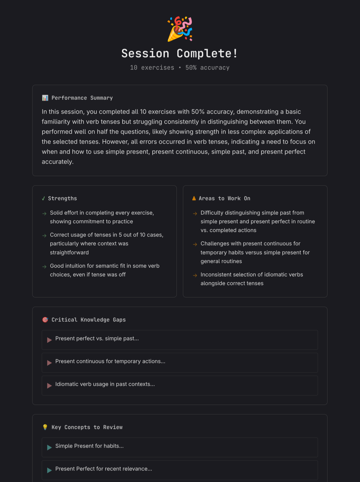Session feedback screen showing performance analysis and recommendations